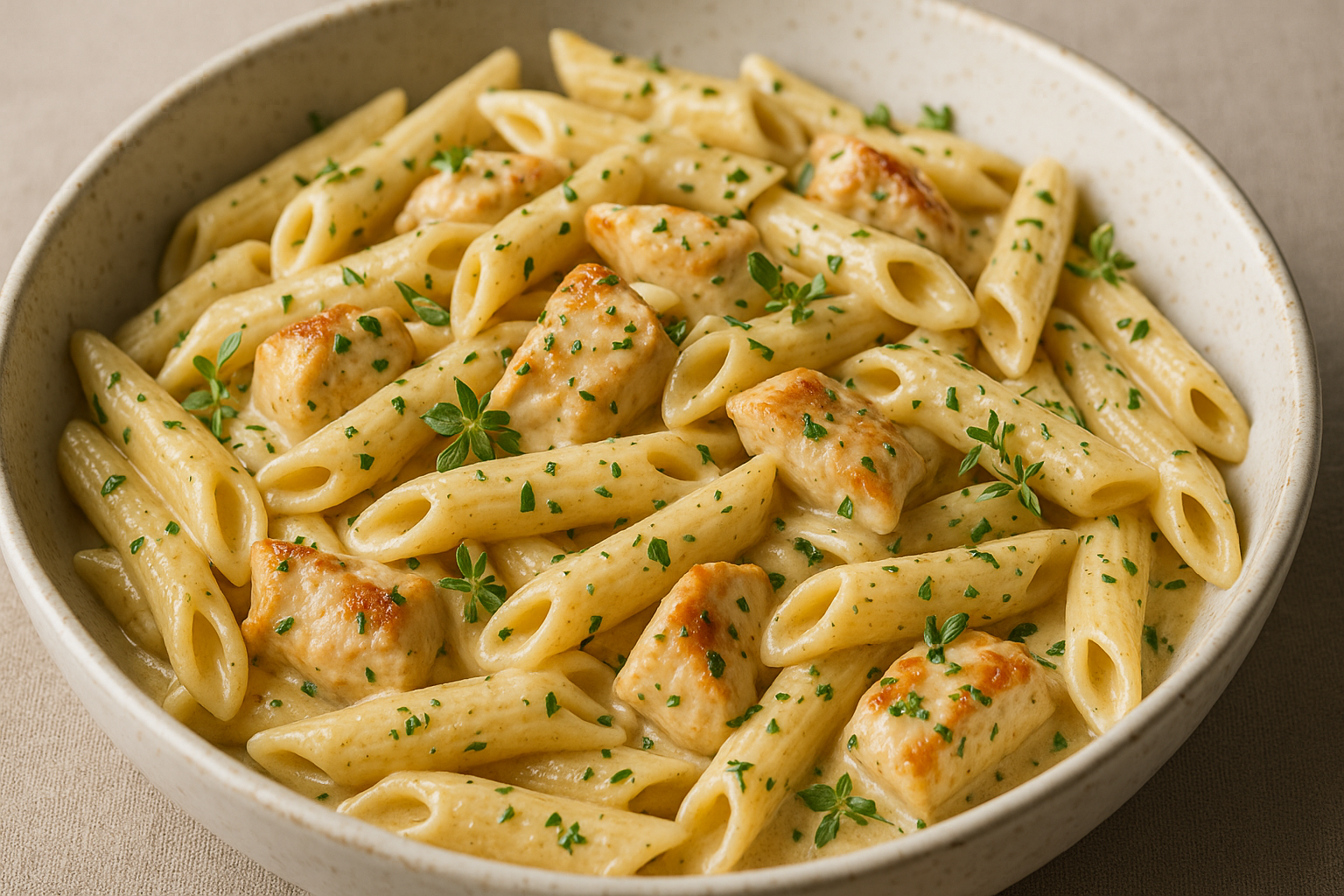 Penne Cremoso Com Frango E Ervas