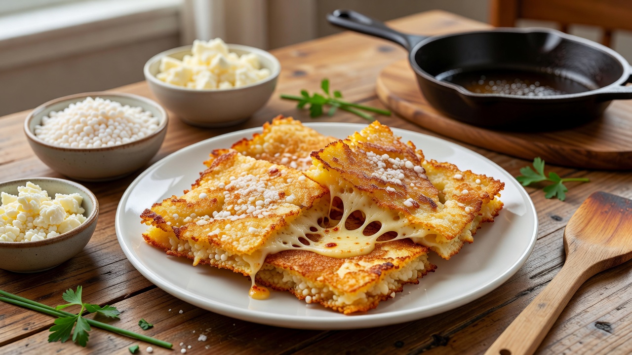 Detailed close up of crispy crepioca squares showing texture and cheese strands, warm lighting highlighting the crunch, on white plate, realistic food photography, natural light, 16:9 aspect ratio, no people, no hands, no faces, no text.