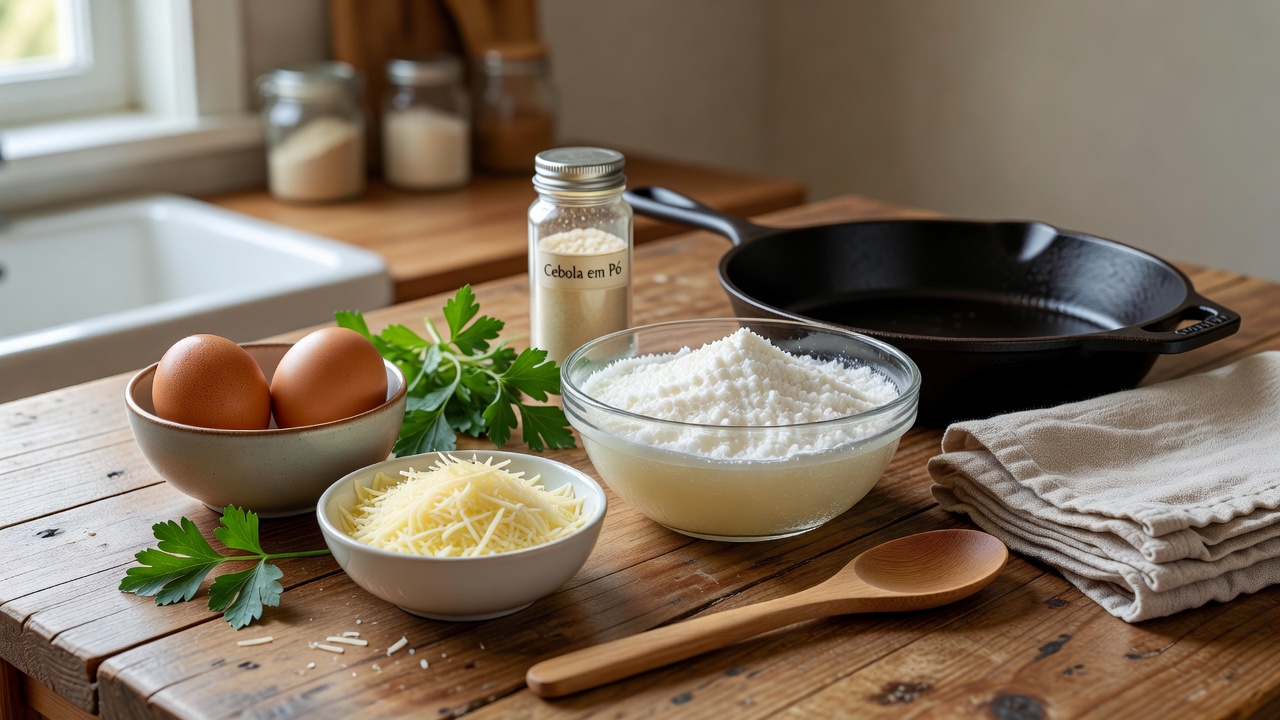 Ingredients for crepioca snack on wooden kitchen table: eggs, grated parmesan cheese, hydrated tapioca flour in bowls, fresh parsley, onion powder spice jar, natural kitchen setting, no hands or people, 16:9 aspect ratio, realistic food photography, natural light.