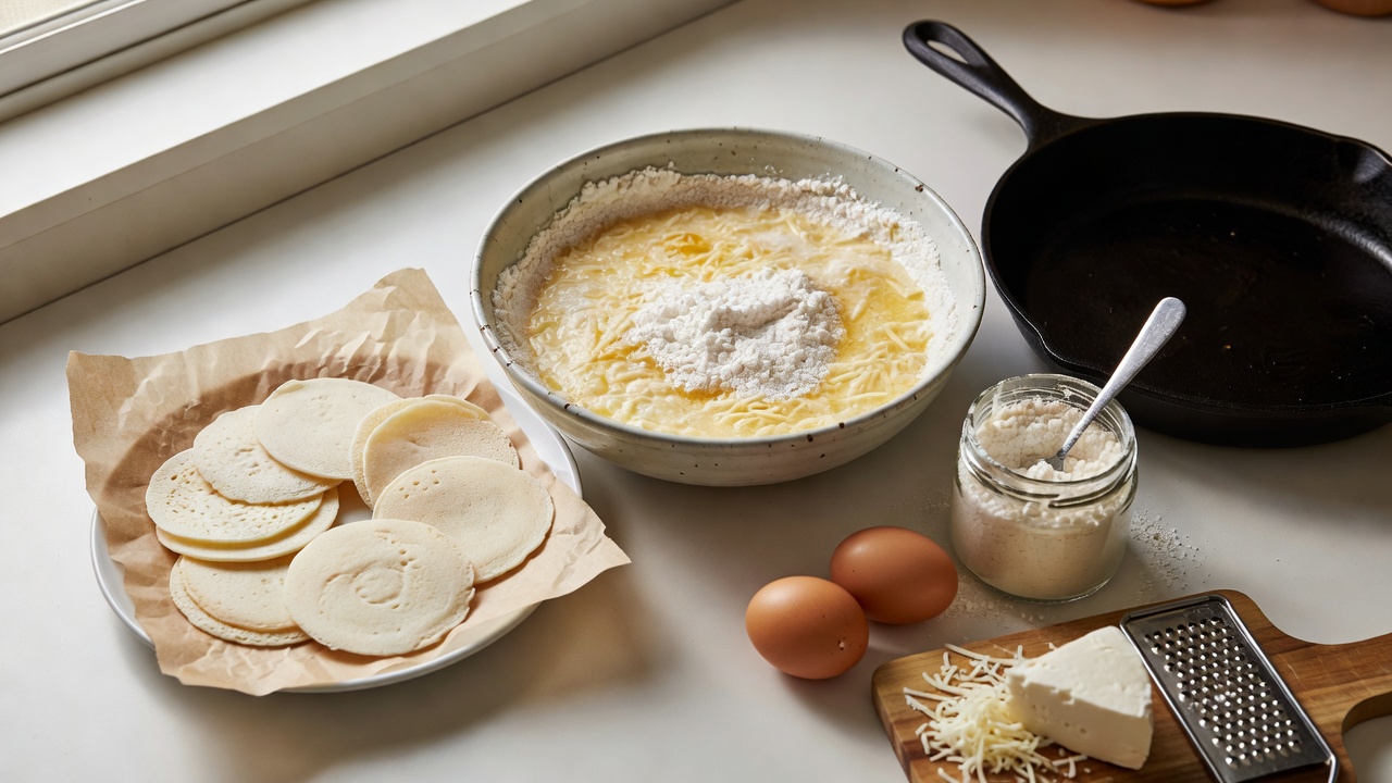 Preparing crepioca batter in a mixing bowl with visible tapioca flour, eggs and cheese mixed together, clean kitchen counter, unbaked discs on parchment awaiting cooking, no hands or people visible, 16:9 aspect ratio, realistic food photography, natural light.