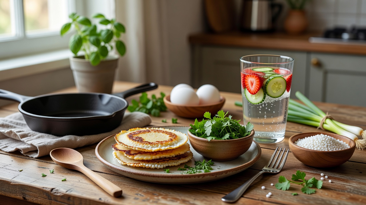 Served plate of natural crepioca snacks with a side of fresh herbs and a glass of infused water on a simple wooden table, cozy kitchen setting, no people, no hands, 16:9 aspect ratio, realistic food photography, natural light.